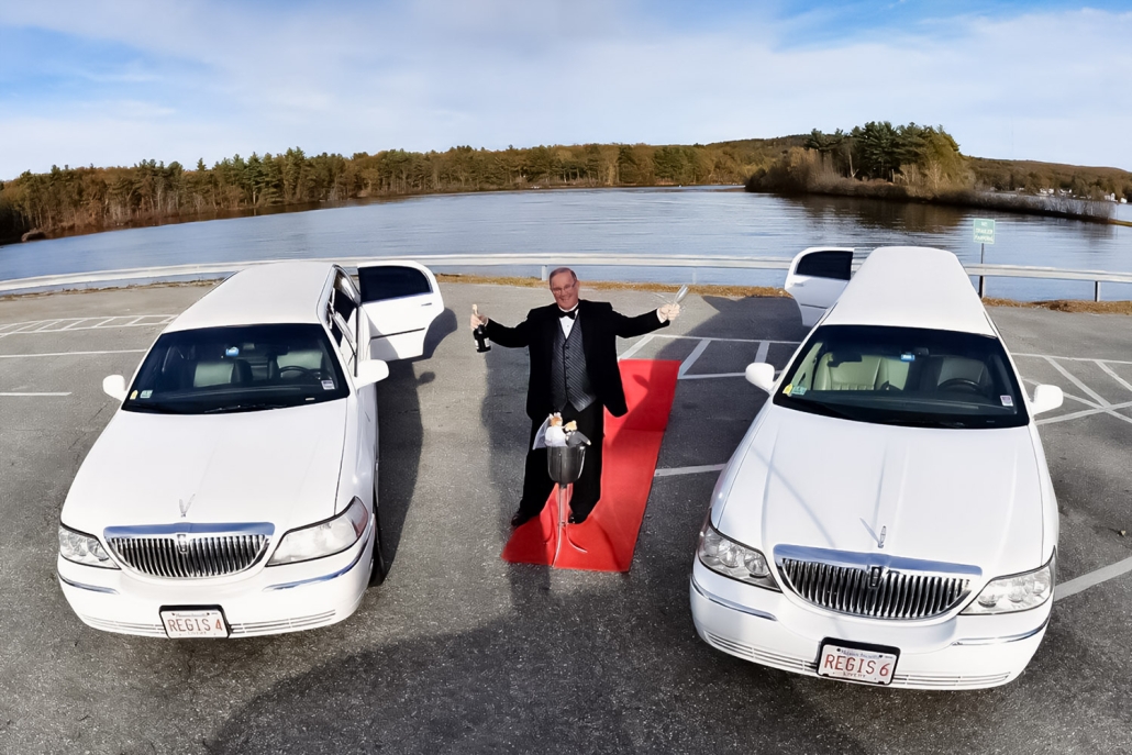 Chauffeur standing in between two limos holding champagne on a red carpet at webster lake
